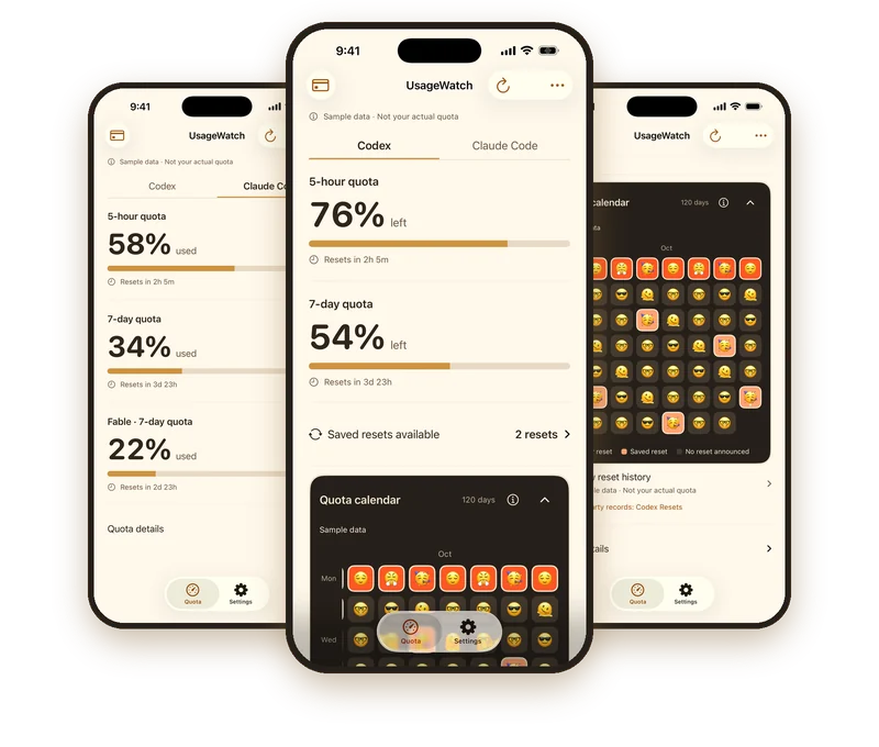 Three iPhone screens of UsageWatch with sample data: Claude Code 5-hour and 7-day quota, Codex quota with saved resets, and the 120-day quota calendar